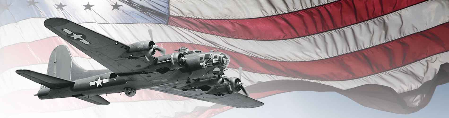 An image of the American Flag and a Boeing B-17 Flying Fortress.
