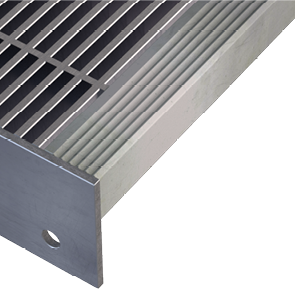 A Bar Grating Stair Tread render with Corrugated Nosing.