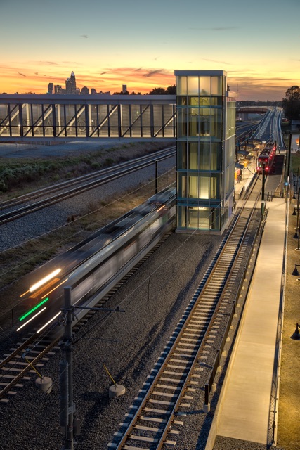 Photo of Sugar Creek Station Railway with the sunset in the background.