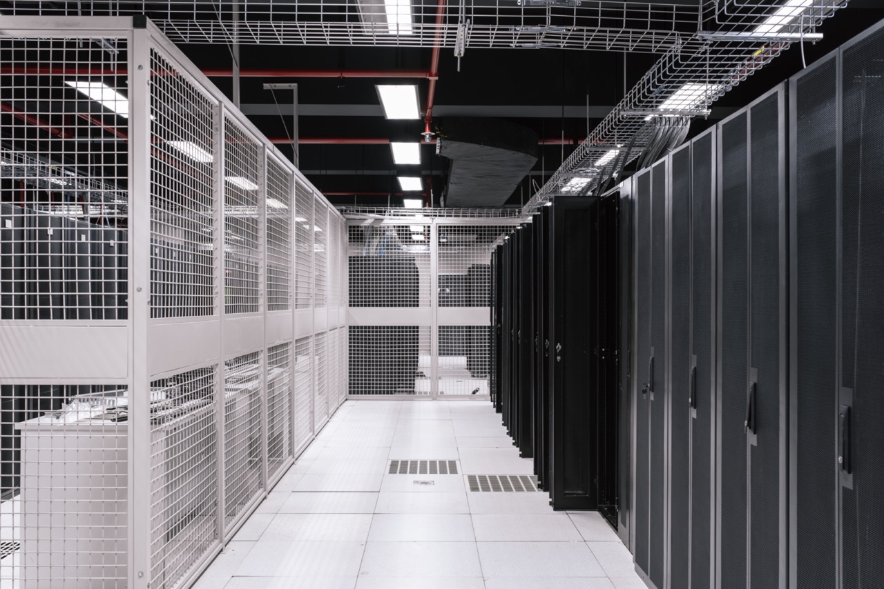 A server room in a Data Center, filled with Wire Mesh.