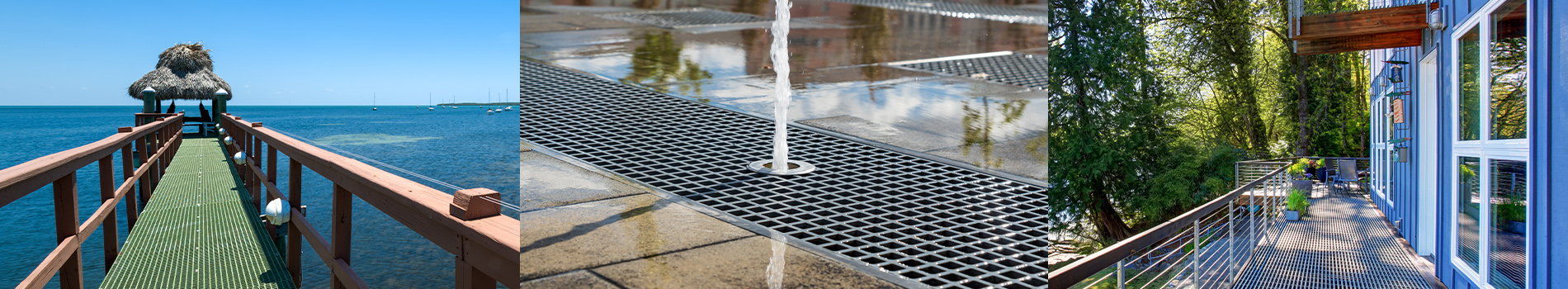 A hero image with three Fiberglass Grating application photos, illustrating different ways to use Fiberglass Grating.