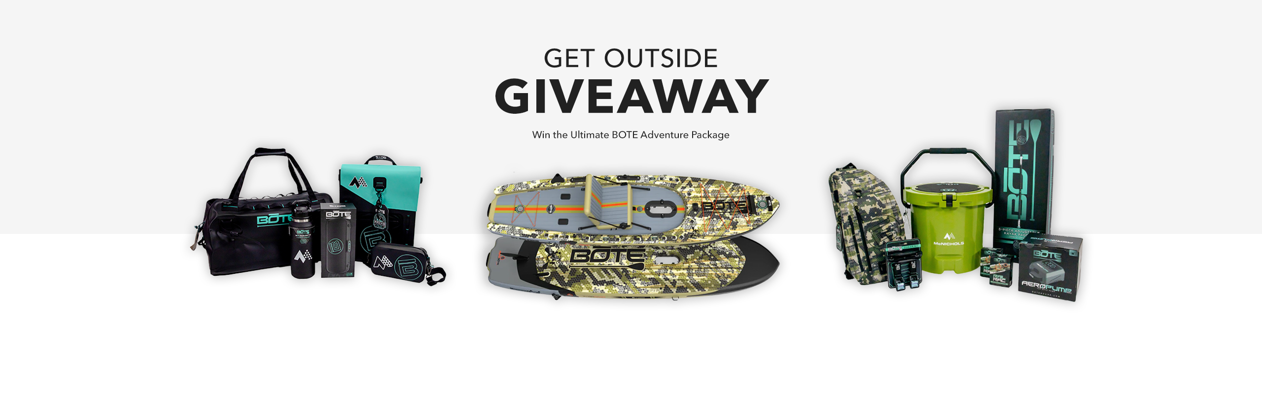 A hero image for the Get Outside Giveaway that includes the Paddle Board Package from BOTE.