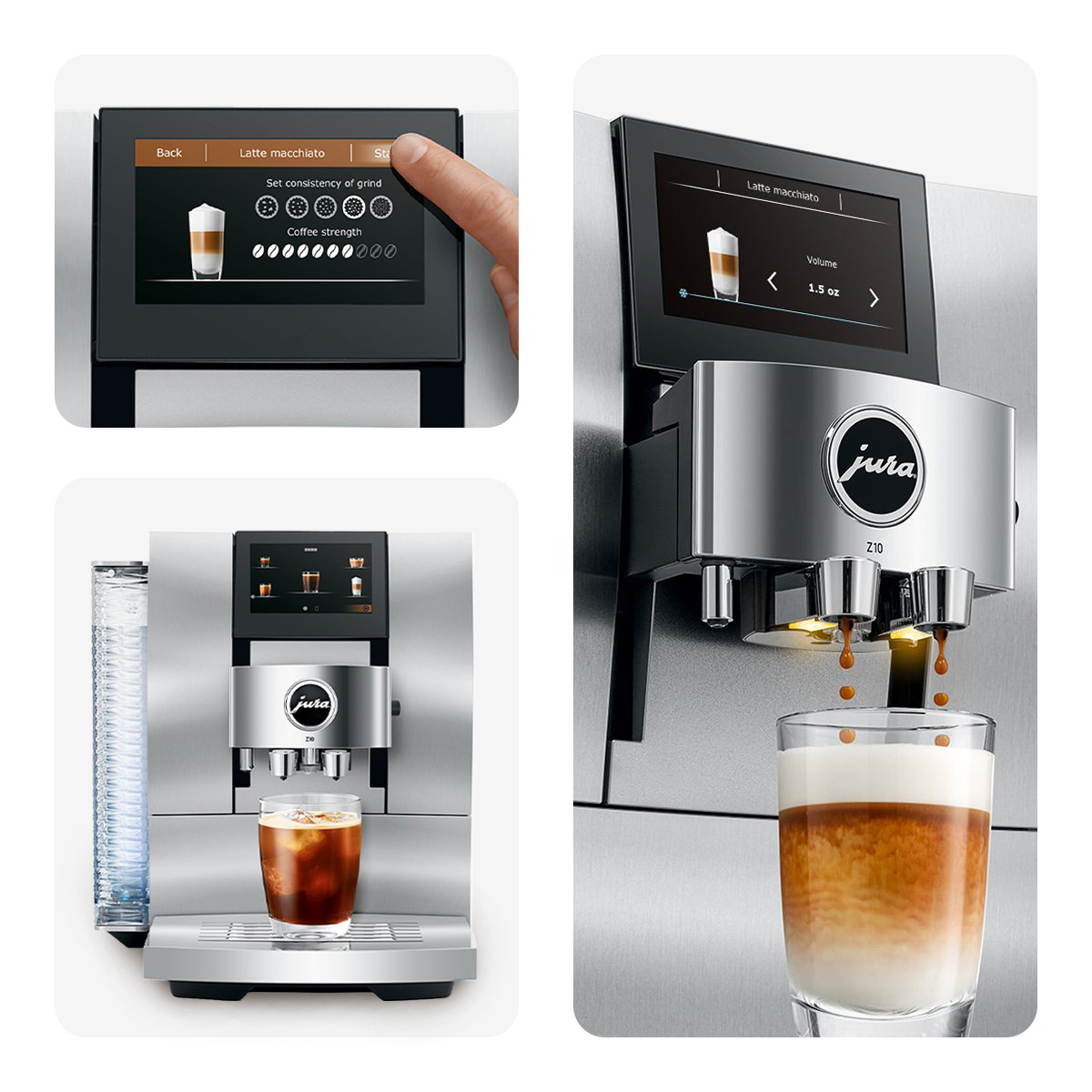 A photo collage of the JURA® Z10 Aluminum White Automatic Coffee Machine for the Elevate Your Everyday Giveaway.